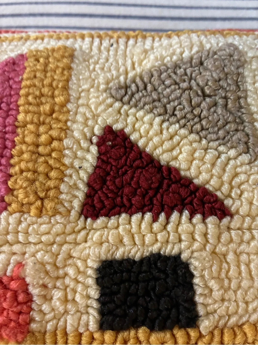 Boho Geometric Hooked Pillow - Cream with Burgundy & Mustard Accents